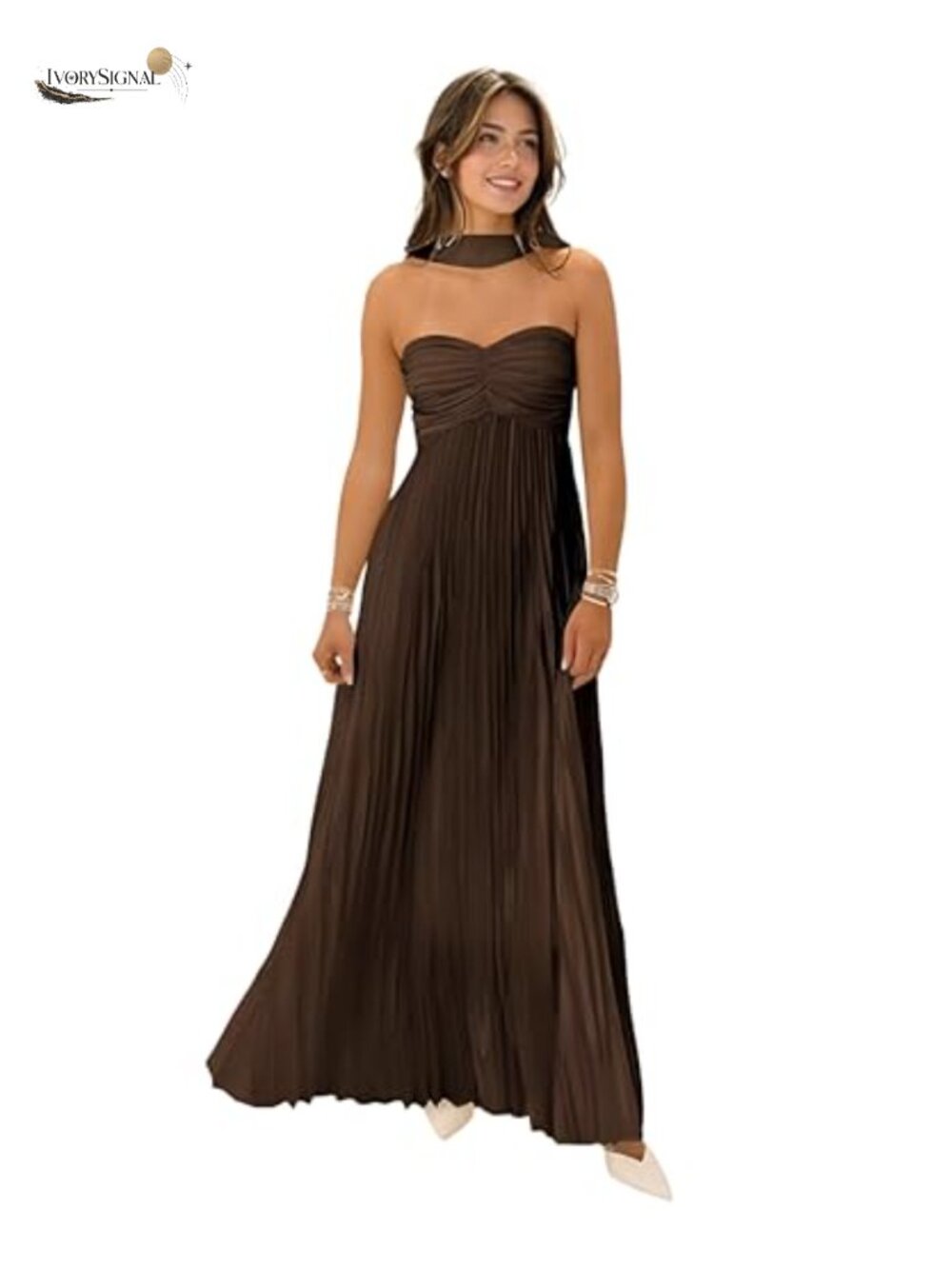 Satin Strapless Bridesmaid Maxi Dress with Scarf Pleated Formal Gown